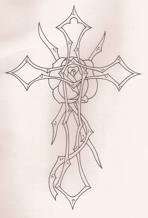Tribal Cross And Rose Vines Outline